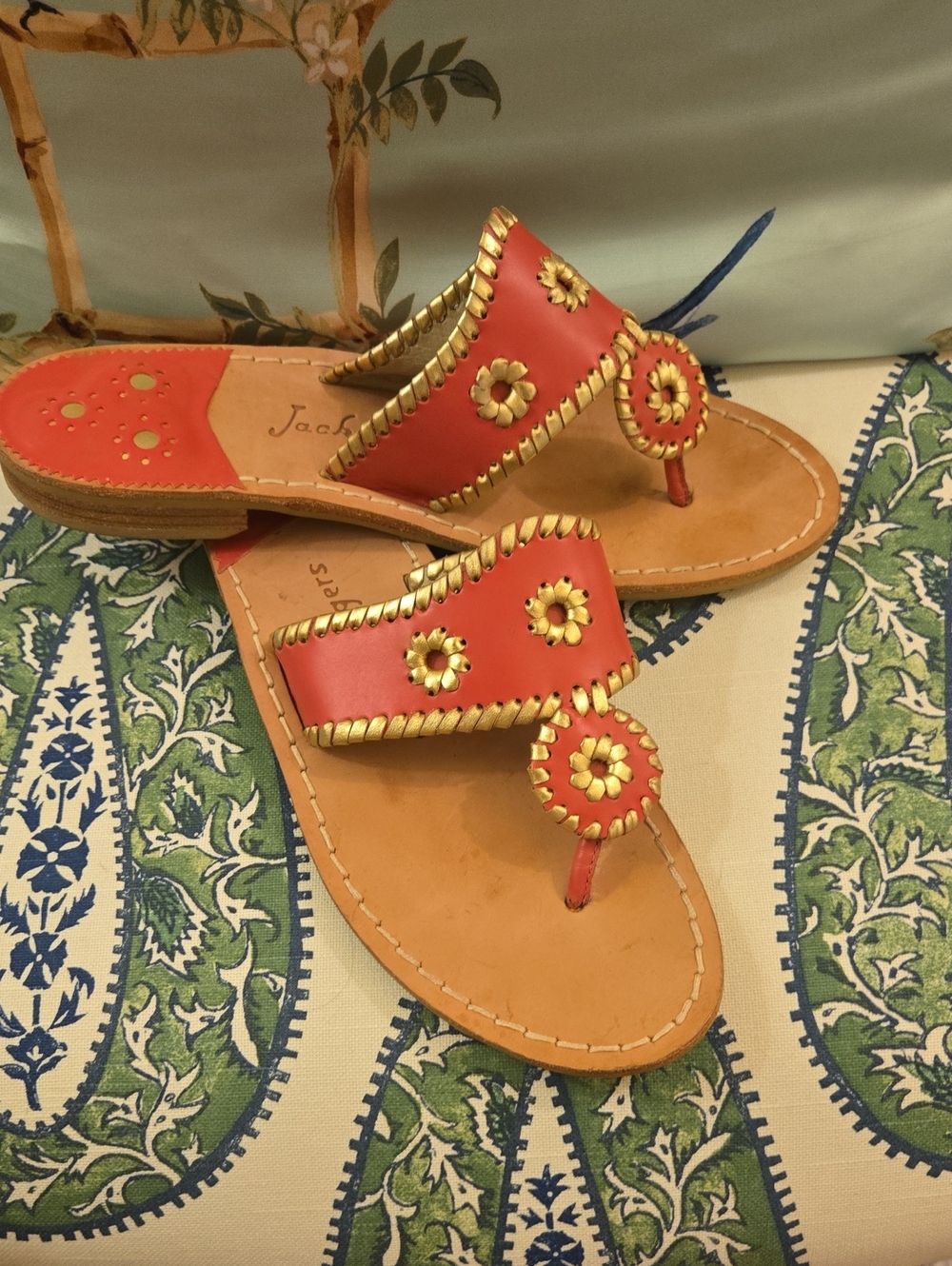 Jack Rogers Coral Pink Leather Thong Sandals with Gold Whipstitching